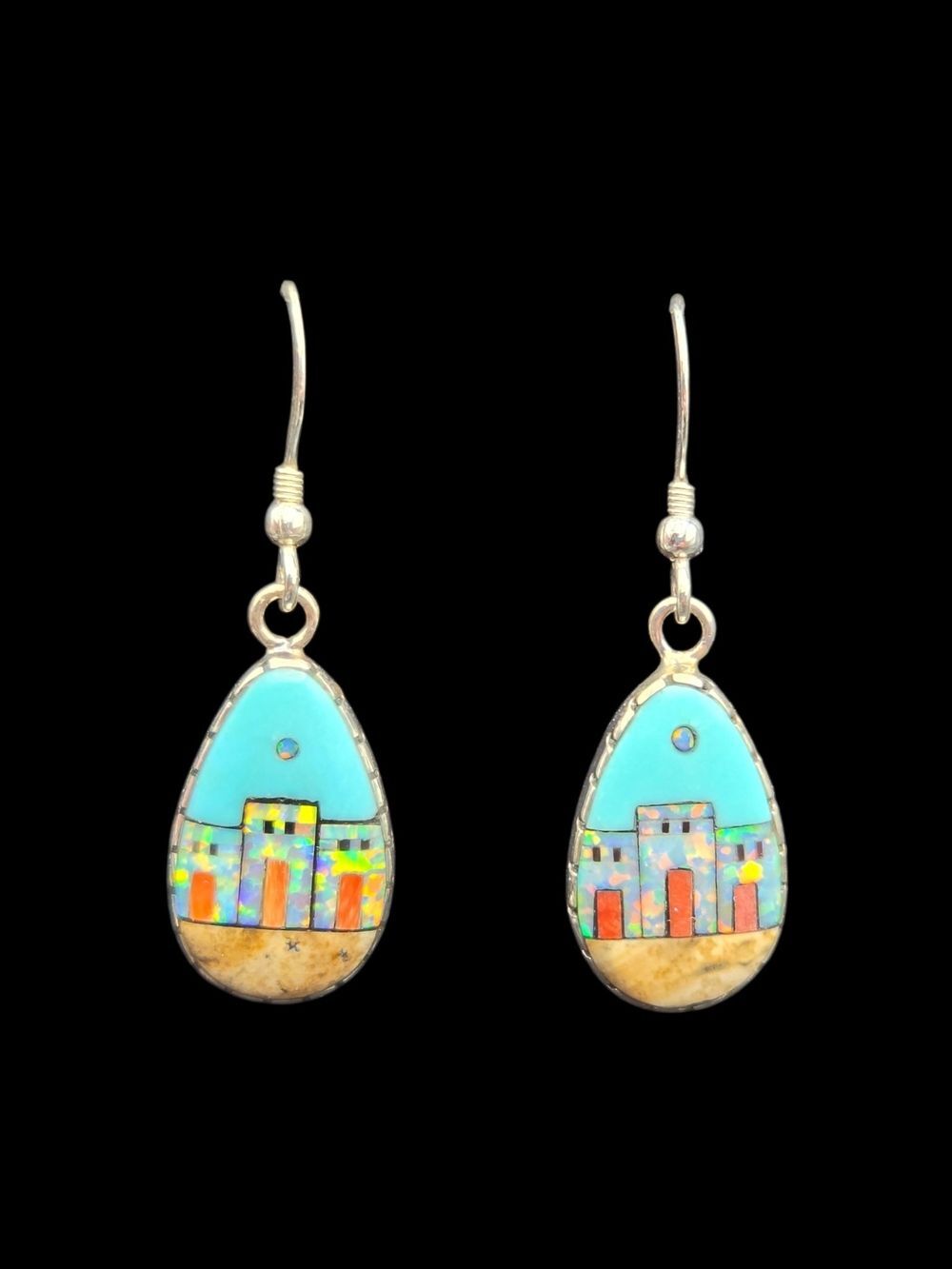 Turquoise Inlay Teardrop Earrings, Pueblo Village Mosaic